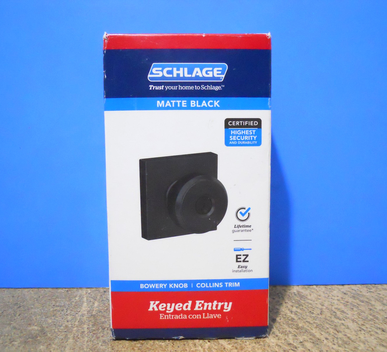 Schlage Keyed Entry  Bowery Knob Collins Trim Matte Black F51A G BWE 622