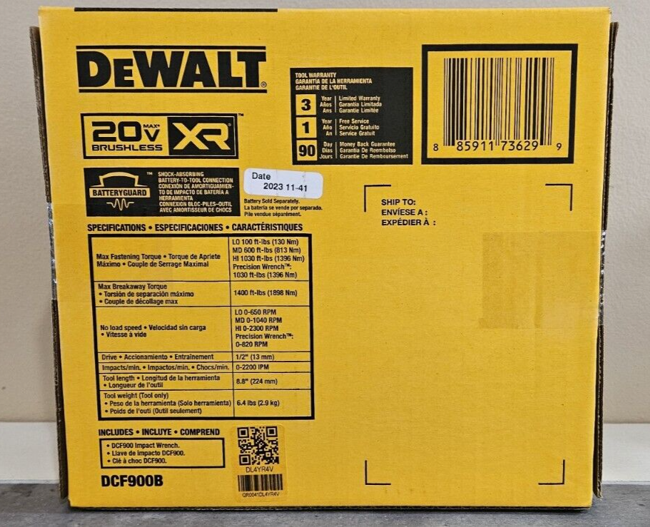 DeWalt 20v Max Brushless XR 1/2" High Torque Impact Wrench Hog Ring Anvil DCF900