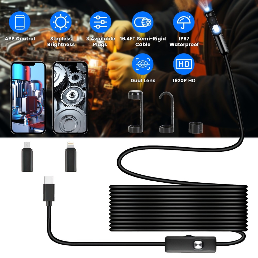 1920P Endoscope Camera Borescope 16.4FT Waterproof Inspection Cable APP Control