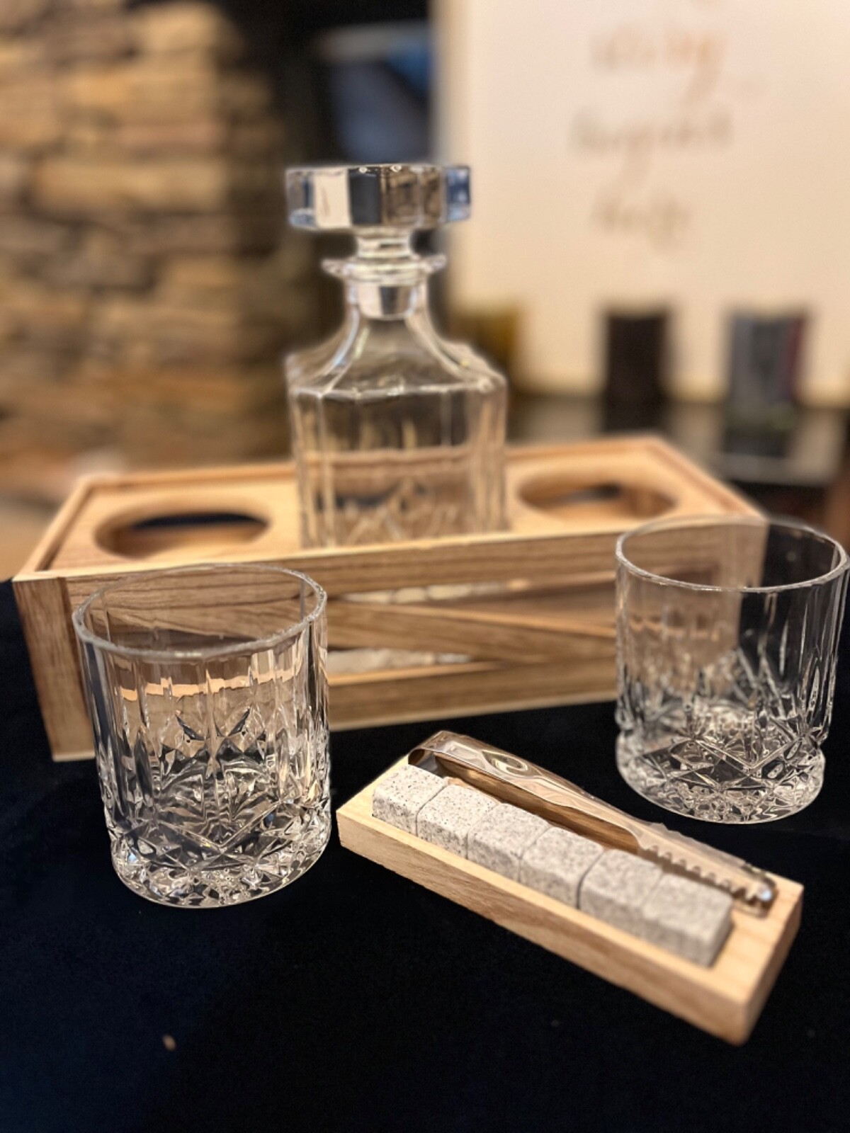Whiskey Gift Set: Decanter, Wood Stand, Granite Chilling Stones & Two Glasses
