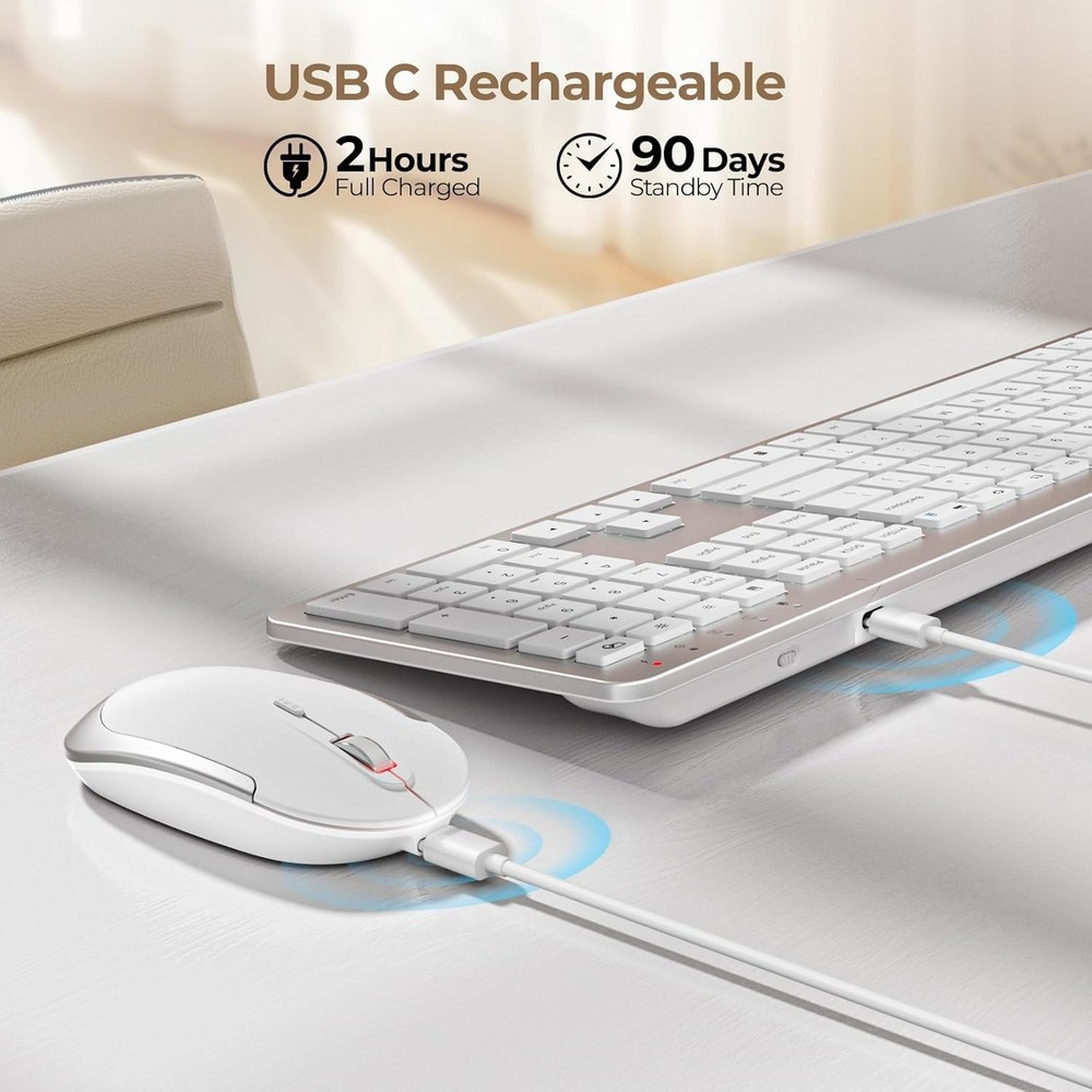 Rechargeable Full-Size Wireless Keyboard and Mouse - Modern Silver & White Combo