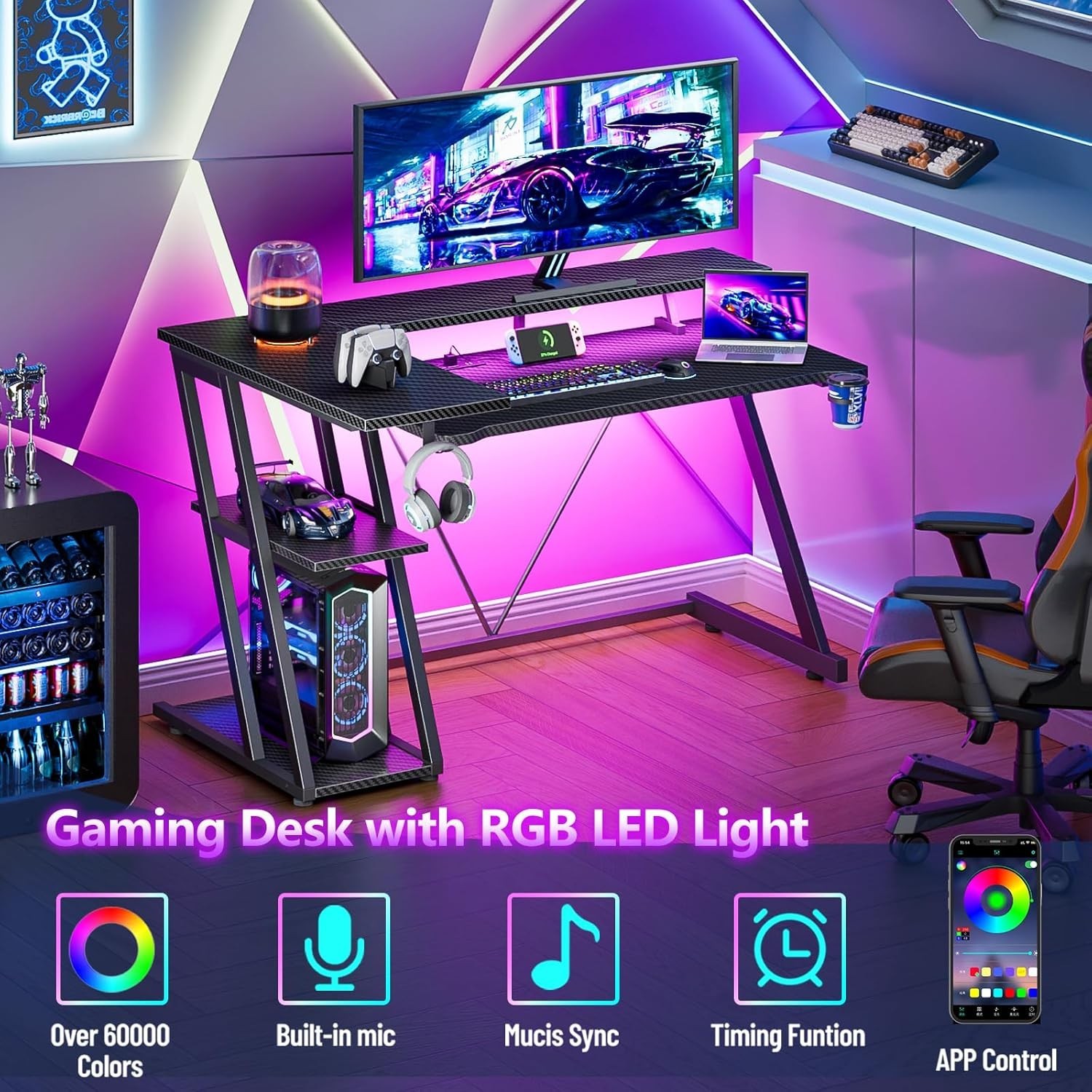 40 Inch Gaming Desk with Power Outlet & LED Lights, L Shaped Computer Gaming