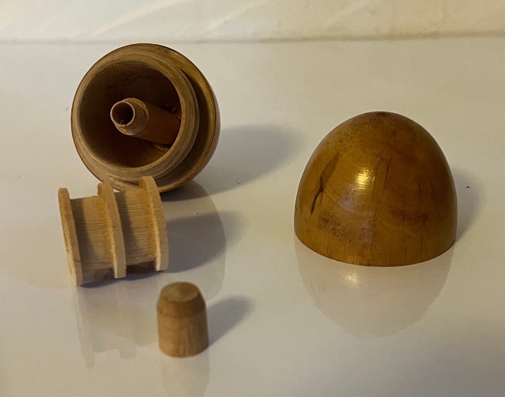 Antique 19th c. Wooden Treen Egg Opens to Needle Case with Thread Spool