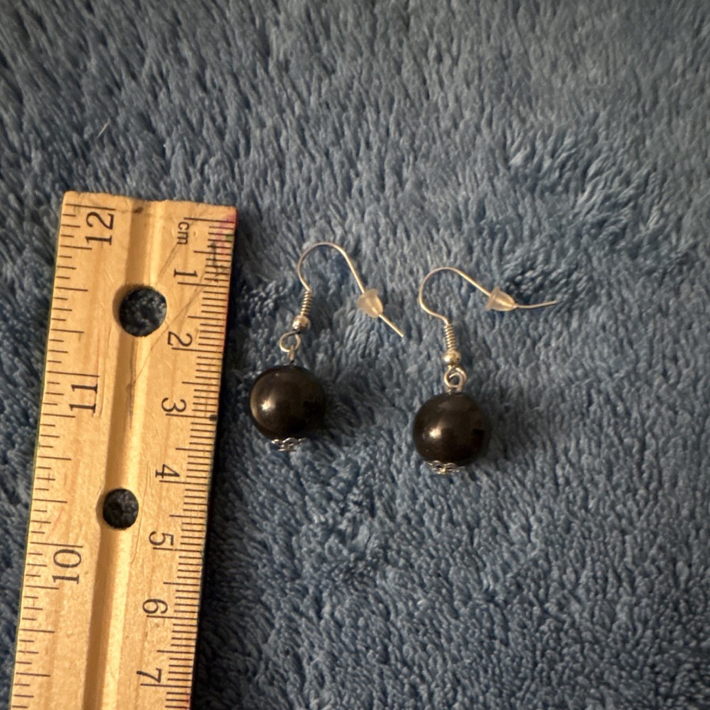 Handcrafted Black Beaded Dangle Drop Earrings Round Silver Hook