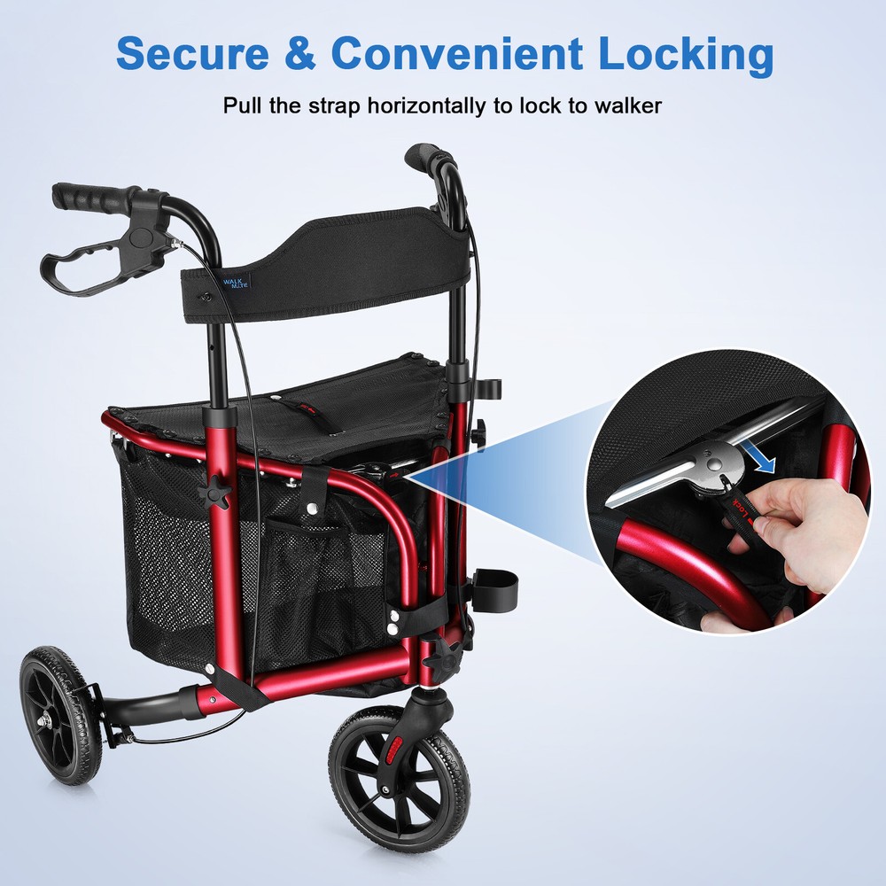 8" 3-Wheel Folding Rollator Walk Rolling Walker w/Adjustable Handle Storage Bag