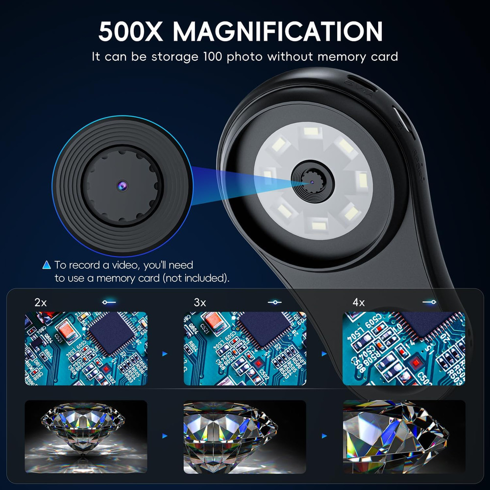 Macro Handheld Digital Microscope Fixed Focus, SKYBASIC 2" IPS Screen 500X Mini