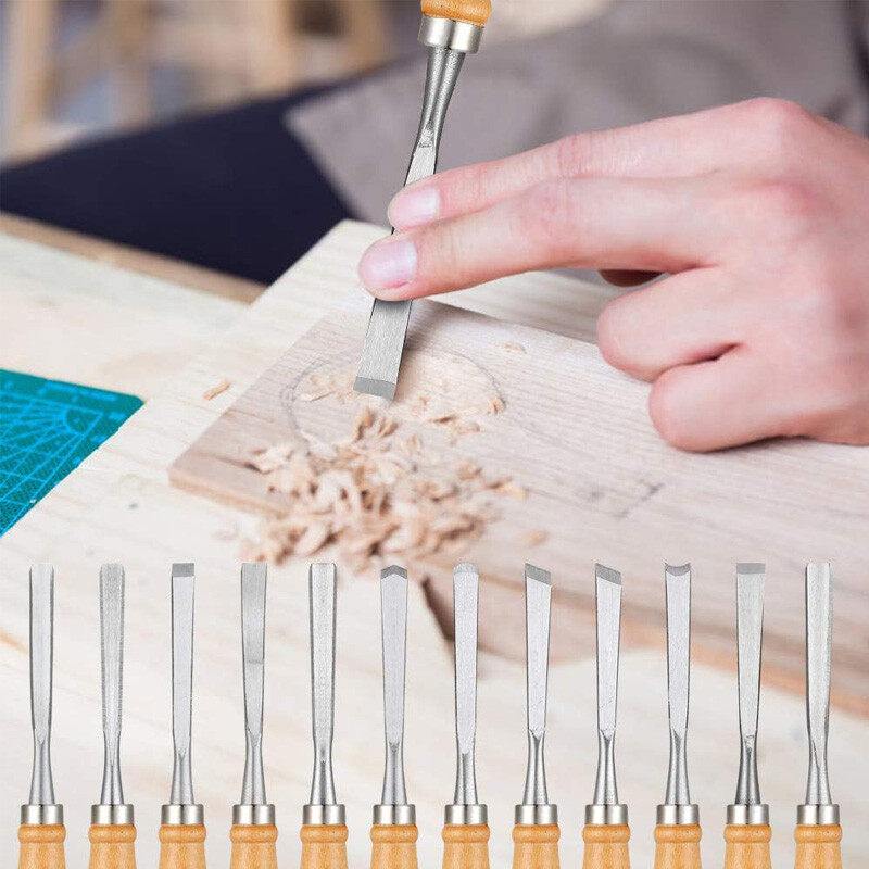 12PCS Wood Carving Hand Chisel Tool Set Professional Woodworking Gouges Steel