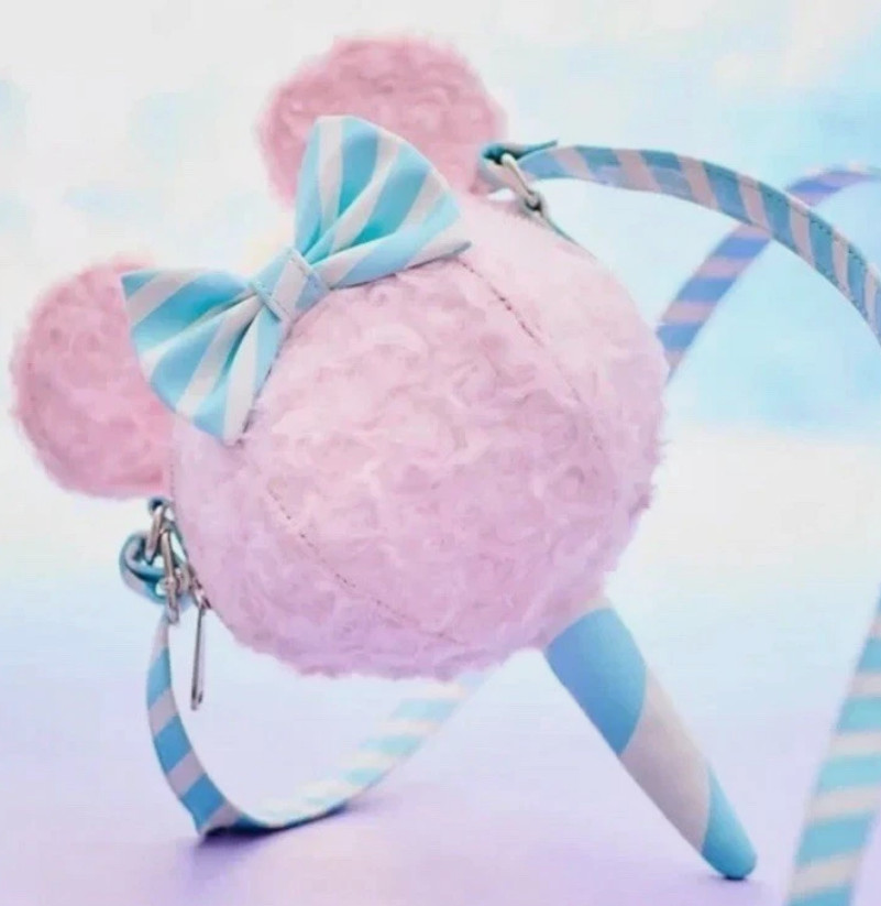 Loungefly Crossbody Purse Bag: MINNIE MOUSE COTTON CANDY Figural Pink Blue Fuzzy