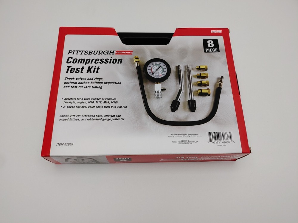 Compression Test Kit in Case 8 Piece Engine Cylinder Auto Motorcycle 300psi 20"