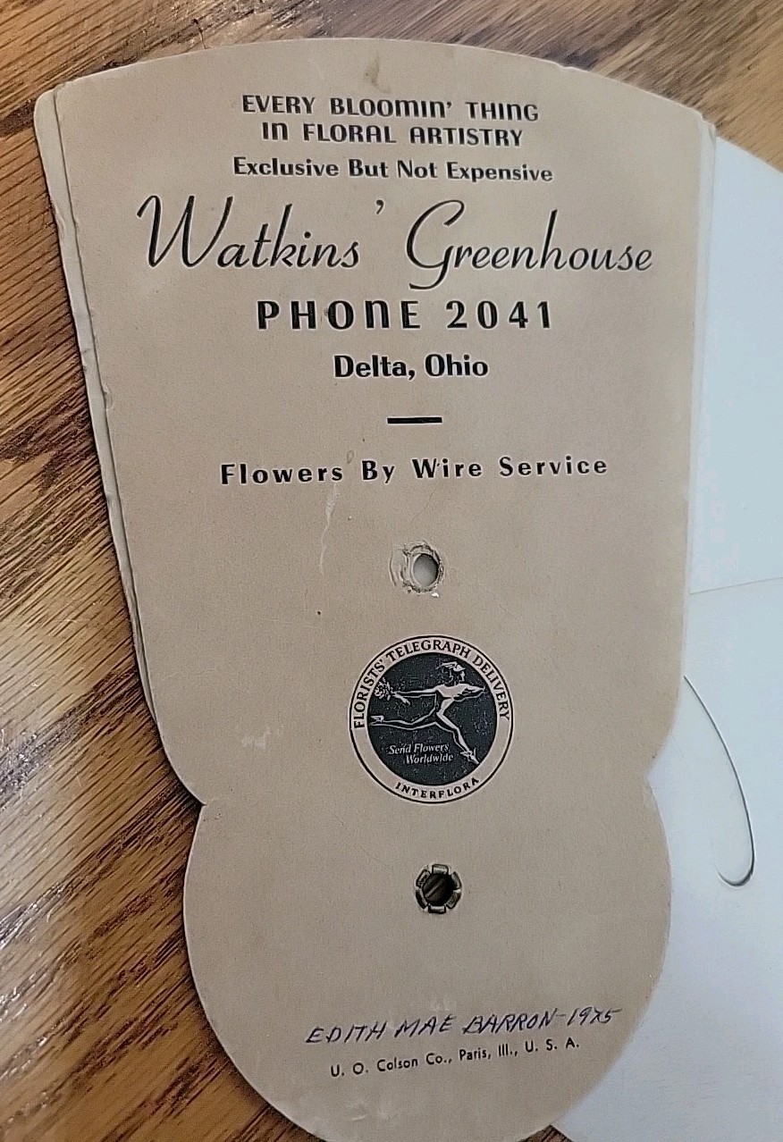 Old 1920s Watkin's Greenhouse Fan Pull. Delta Ohio. Phone 2041.