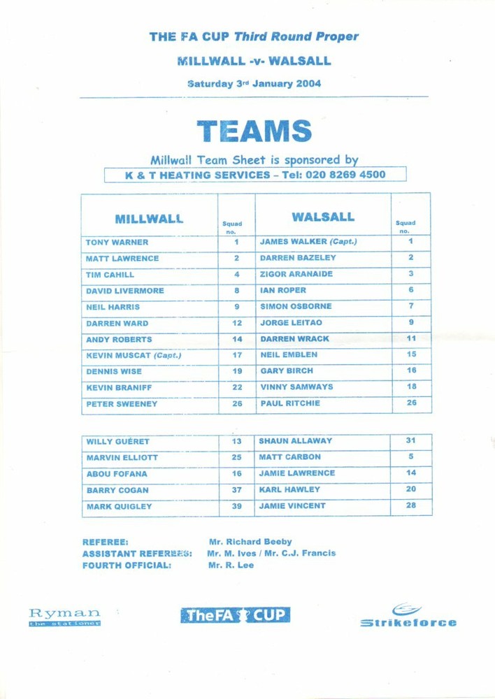 Team Sheet - Millwall v Walsall FAC 3.1.2004