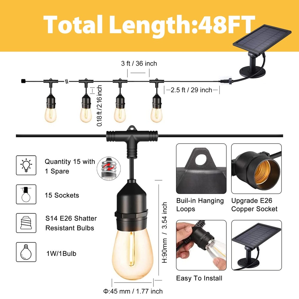 Solar String Lights - 48 Ft LED Outdoor String Lights - Shatterproof, Waterproof