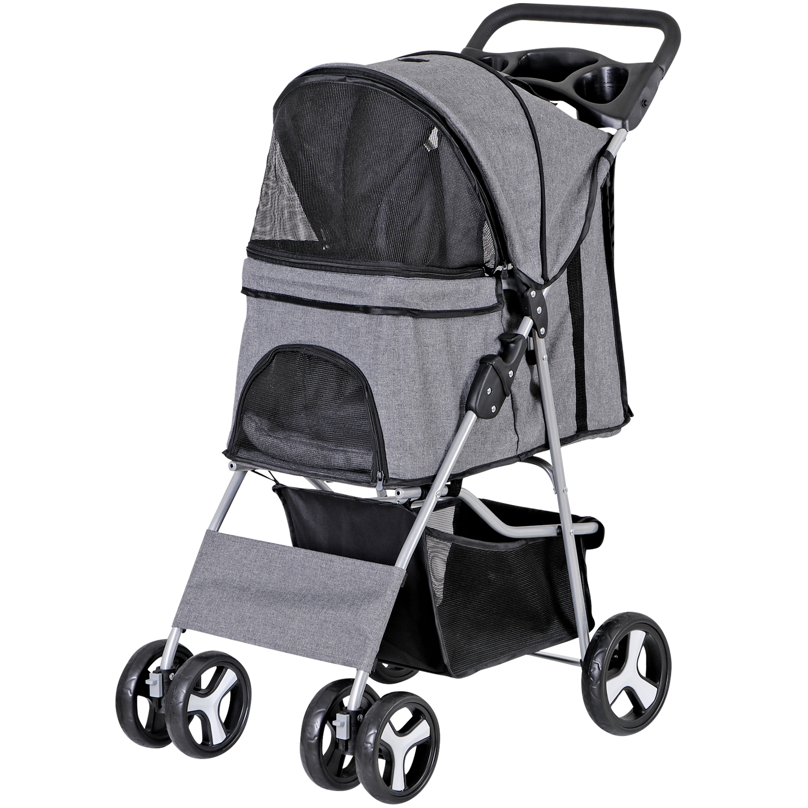 4-Wheels Pet Stroller Dog Stroller Foldable Cat Carrier Jogger w/Cup Holder Gray