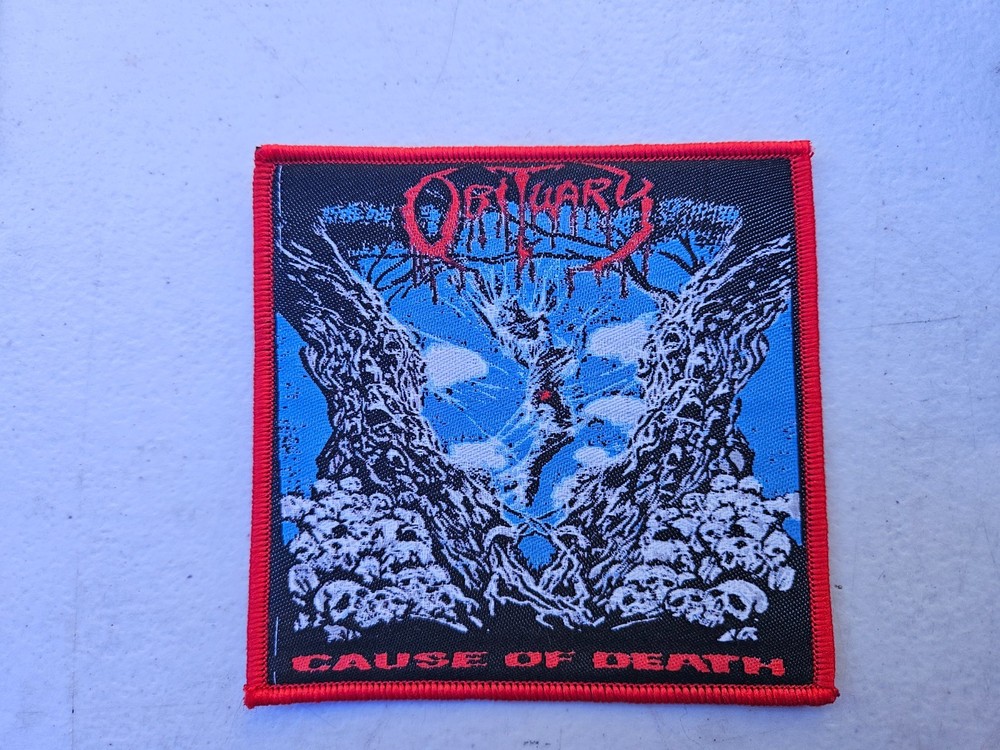 OBITUARY, CAUSE OF DEATH, SEW ON RED BORDER WOVEN PATCH
