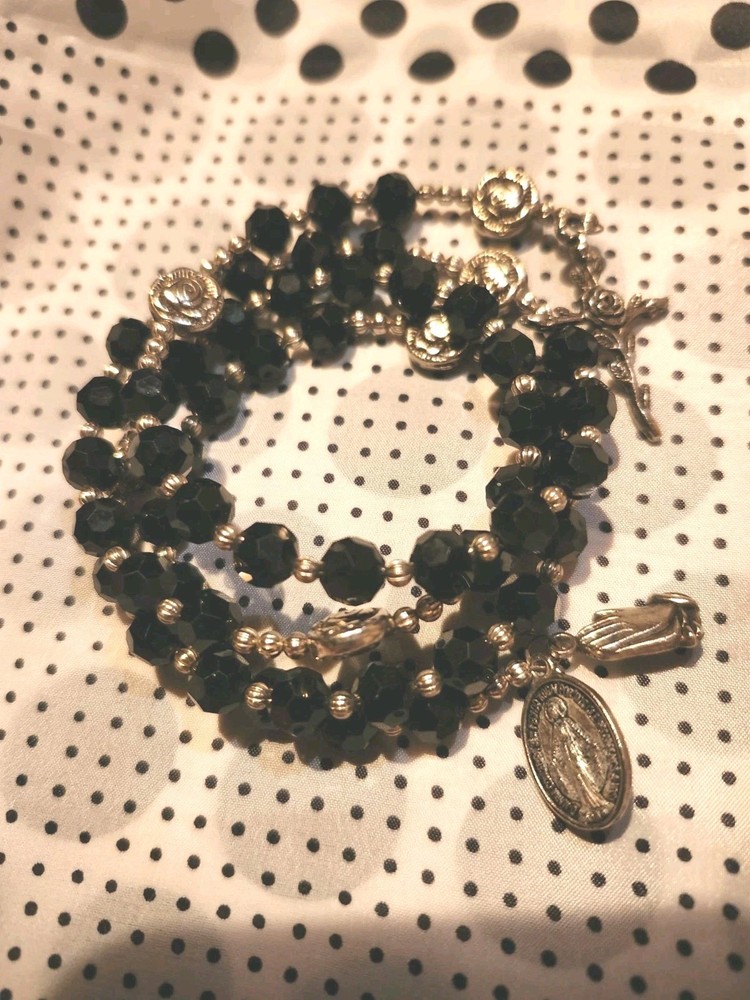 Artisan Hand Crafted Black & Silver Crystal Bead Wraparound Rosary Bracelet