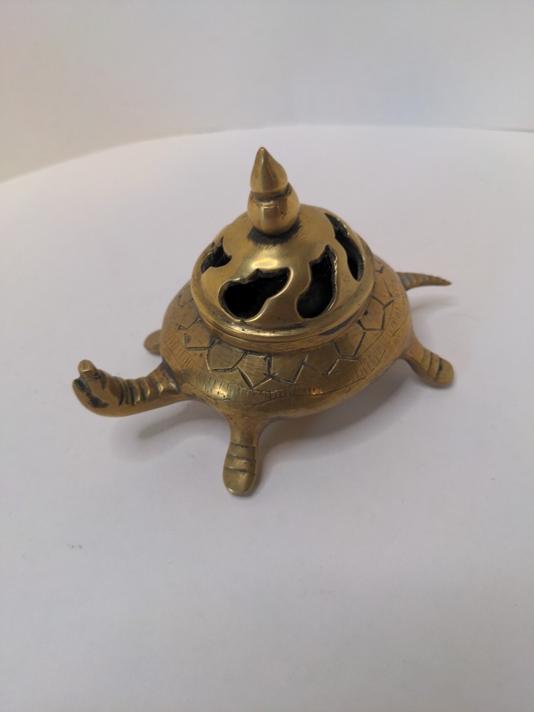 Vintage Small Heavy Solid Brass Engraved Turtle Incense Burner With Lid