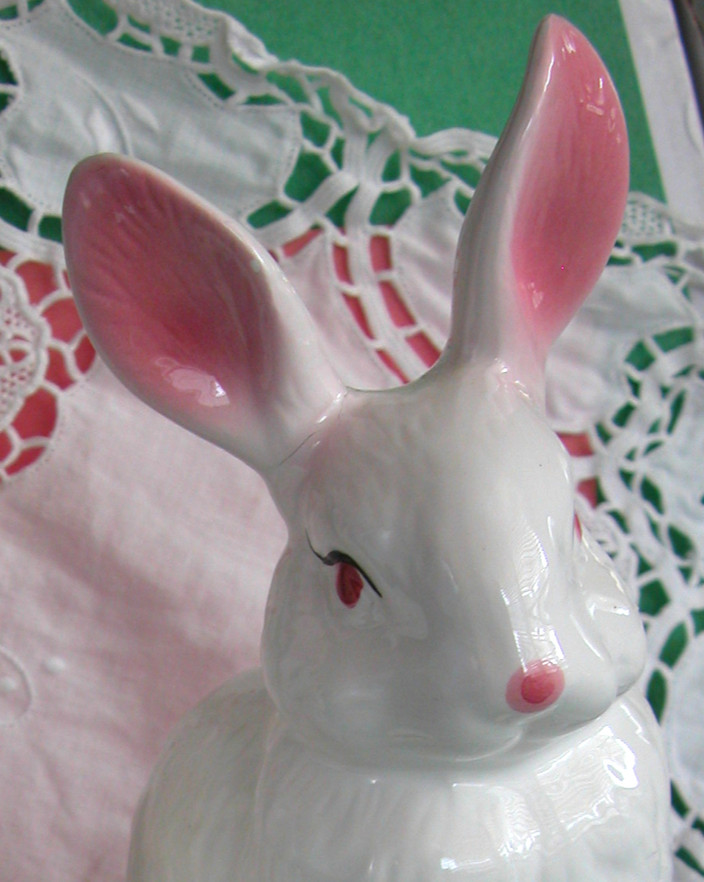 Ceramic Bunny, 7" Tall, White & Pink Hand Painted