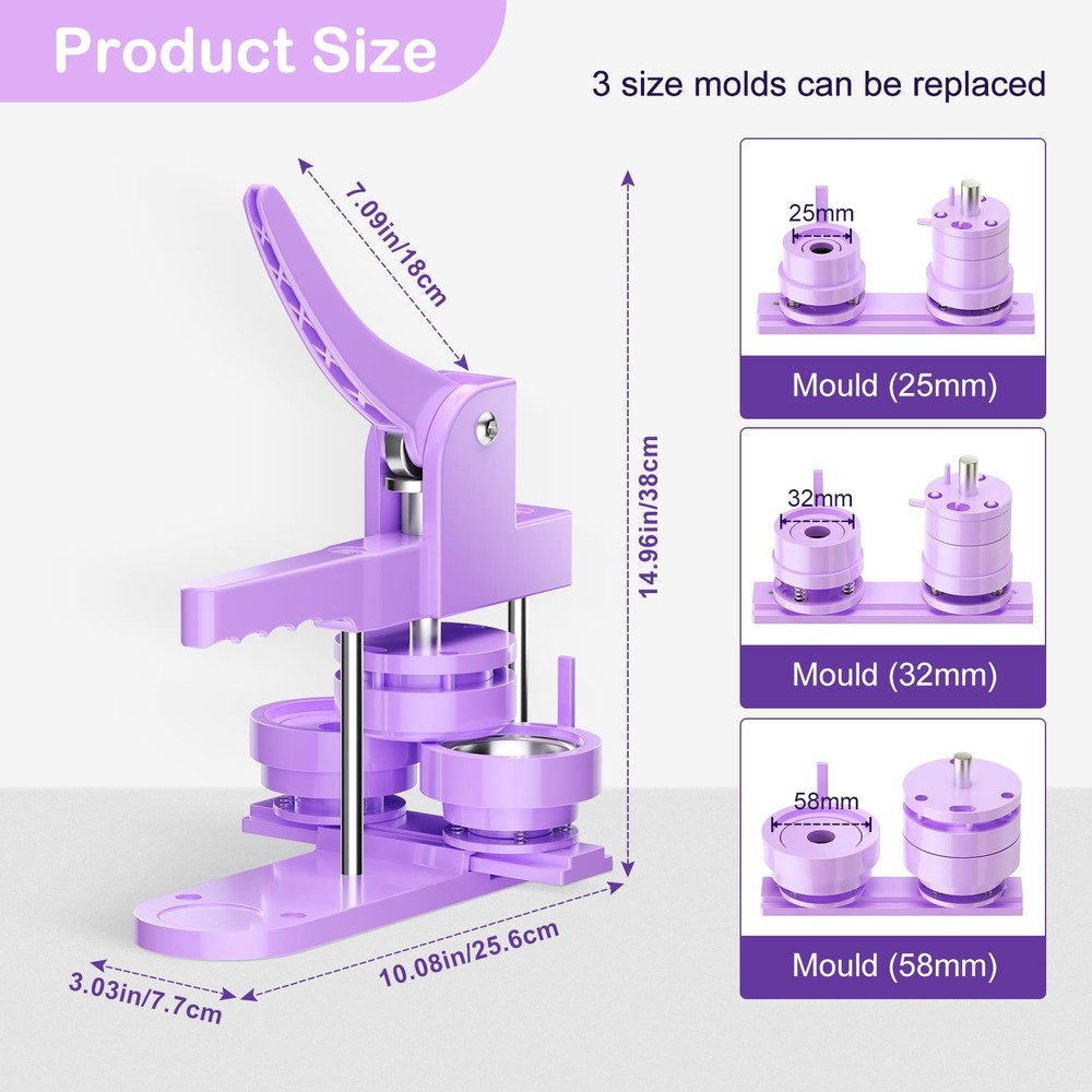 300pcs Button Pin Maker Machine Multiple Sizes 25mm+32mm+58mm, Purple