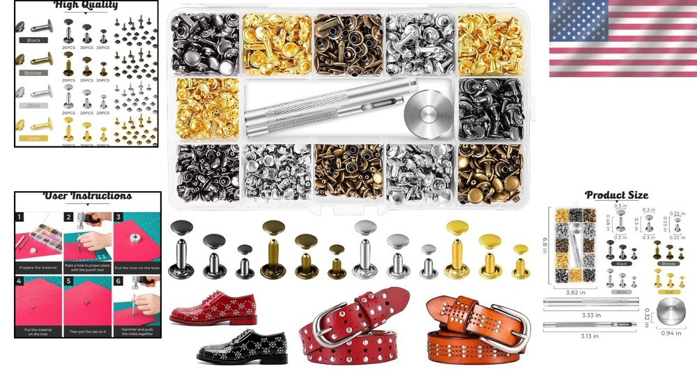 240-Piece Brass Rivets Kit - Durable Leather Studs with Setting Tools for Crafts