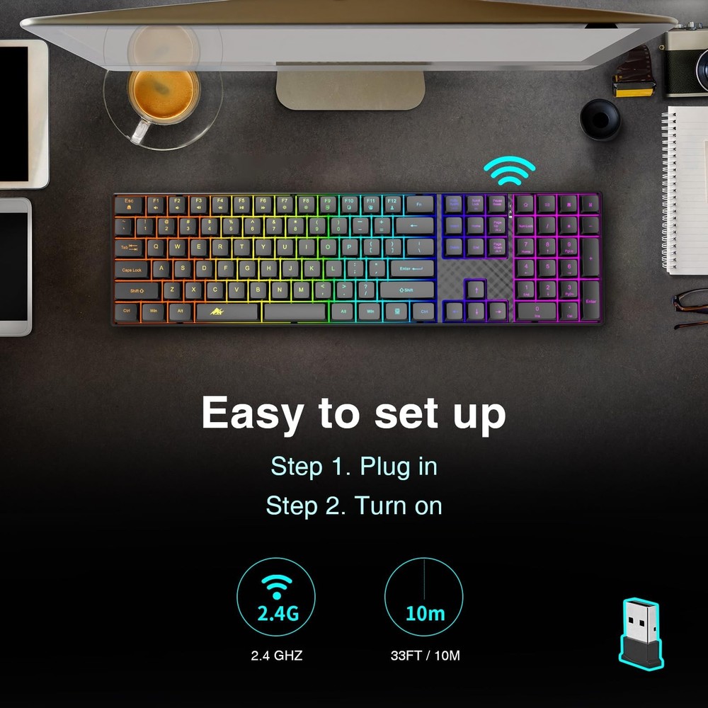 Wireless Backlit Keyboard Quiet - Computer Rechargeable Ergonomic Light UP Ke...