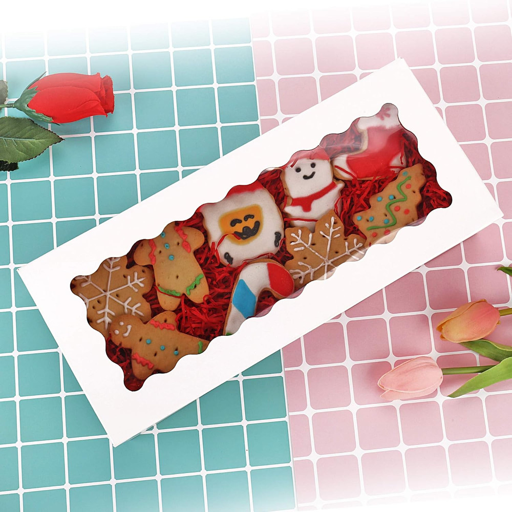 20-Pack Cookie Boxes with Window, 12.5" X 5.5" X 2.5", White Bakery Boxes, Auto-