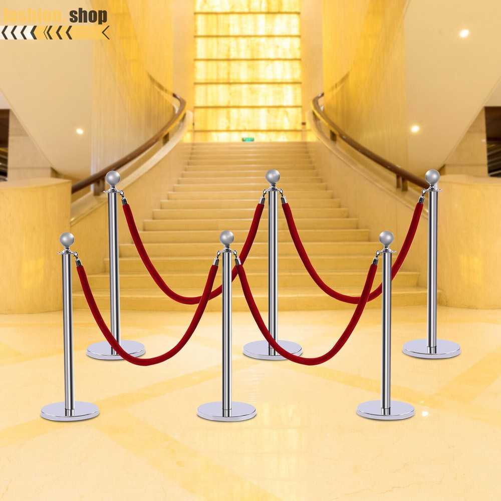 6Pcs Stanchion Posts with 4 Velvet Ropes Crowd Control Queue Pole Barrier
