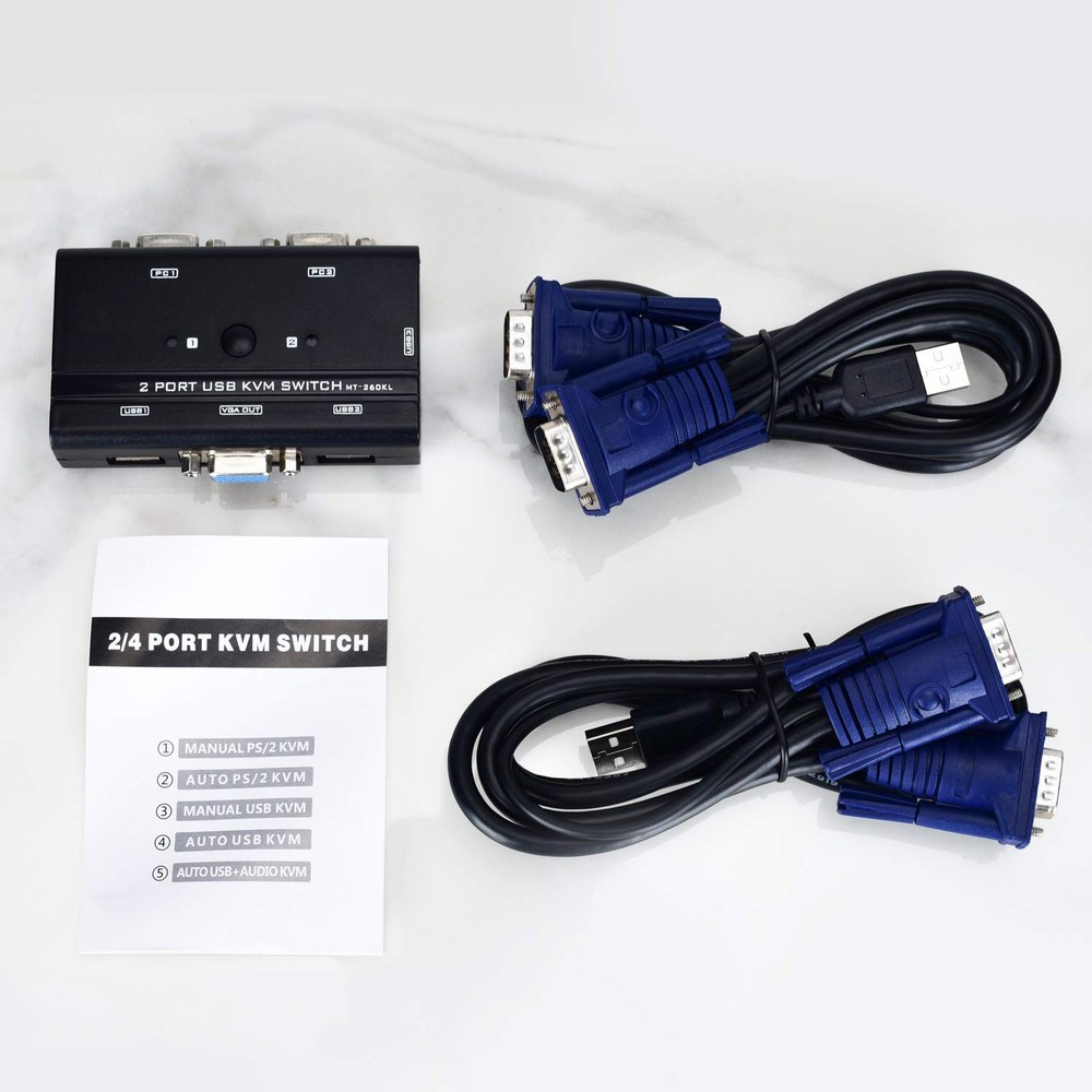 VGA USB KVM Switch, 2 Port Switcher Selector 2 KVM, Black