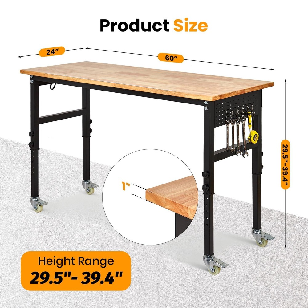 60" Adjustable Workbench w/Wheels & Power Outlets, 2000Lbs Work Table for Garage