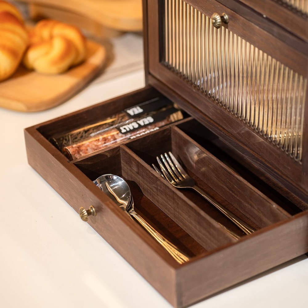 Solid Wood Bread Box for Kitchen Countertop with Drawer, 2-Tier Large Wooden ...