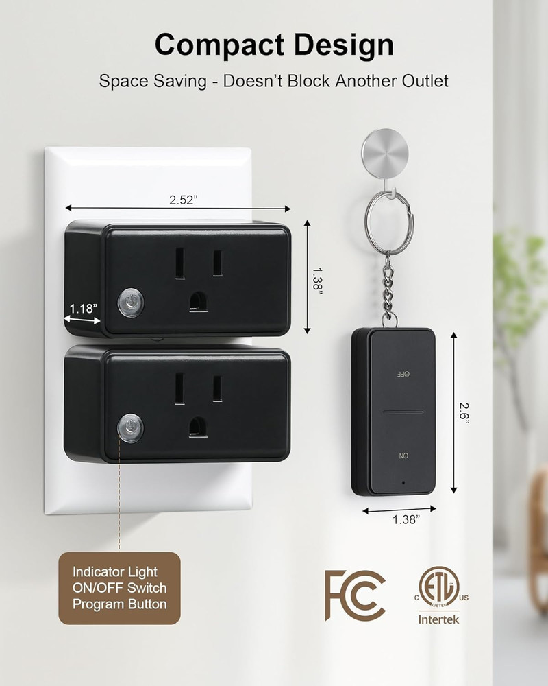 Remote Control Outlet Plug, 200FT Long Range Wireless Light Switch, Compact Desi