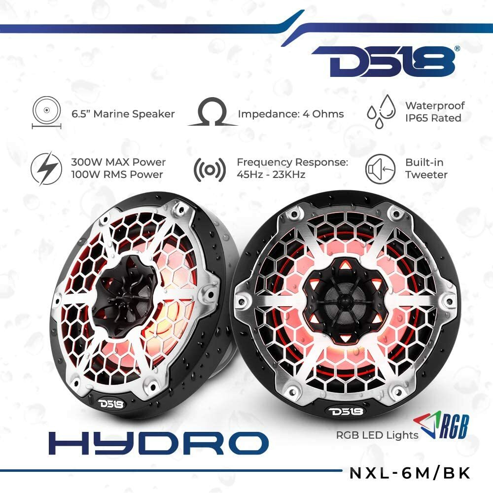 DS18 NXL-6M/BK 6.5" Marine Speakers with Integrated RGB LED Lights 2-Way 300 Wat