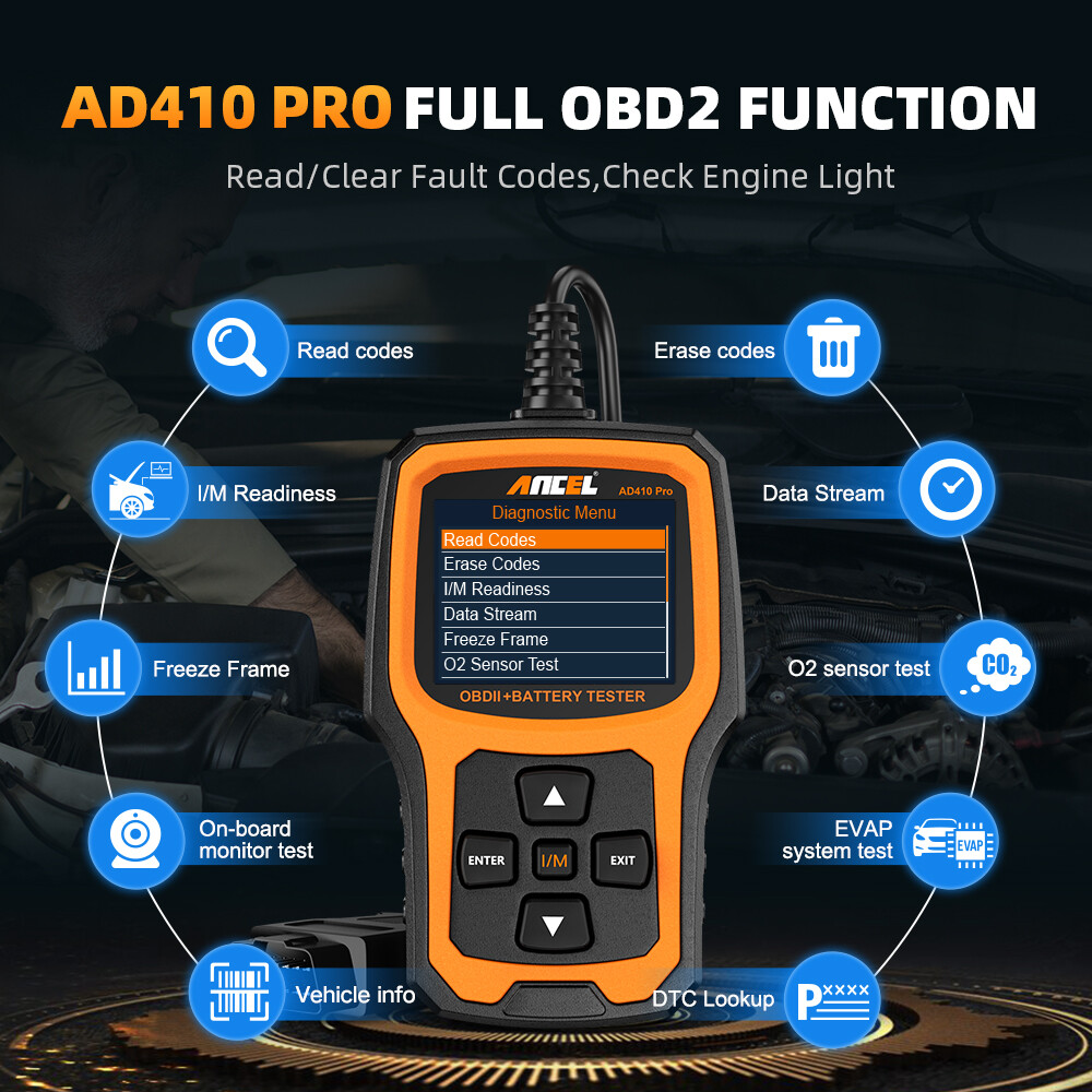 ANCEL AD410 PRO OBD2 Scanner Code Reader 6V 12V Automotive Battery Load Tester