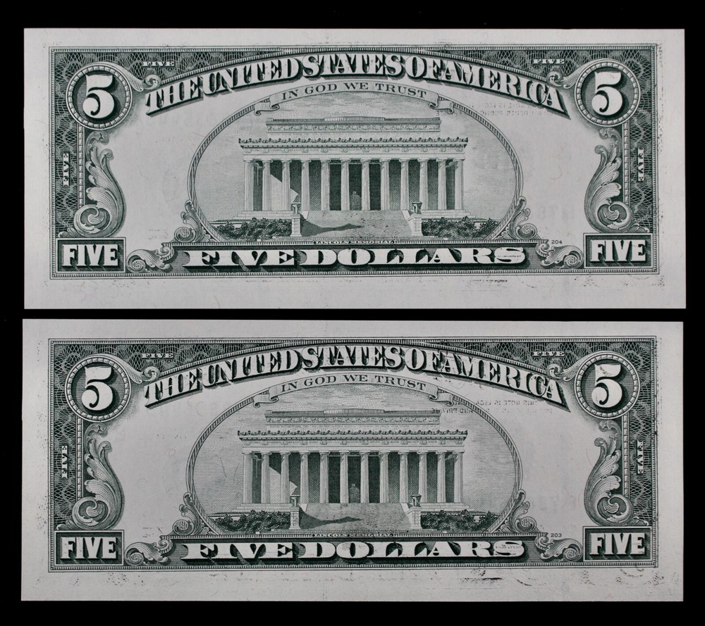 Four consecutive INKING ERRORS $5 1993 Gem CU B78835448-51A five dollar, NY B2