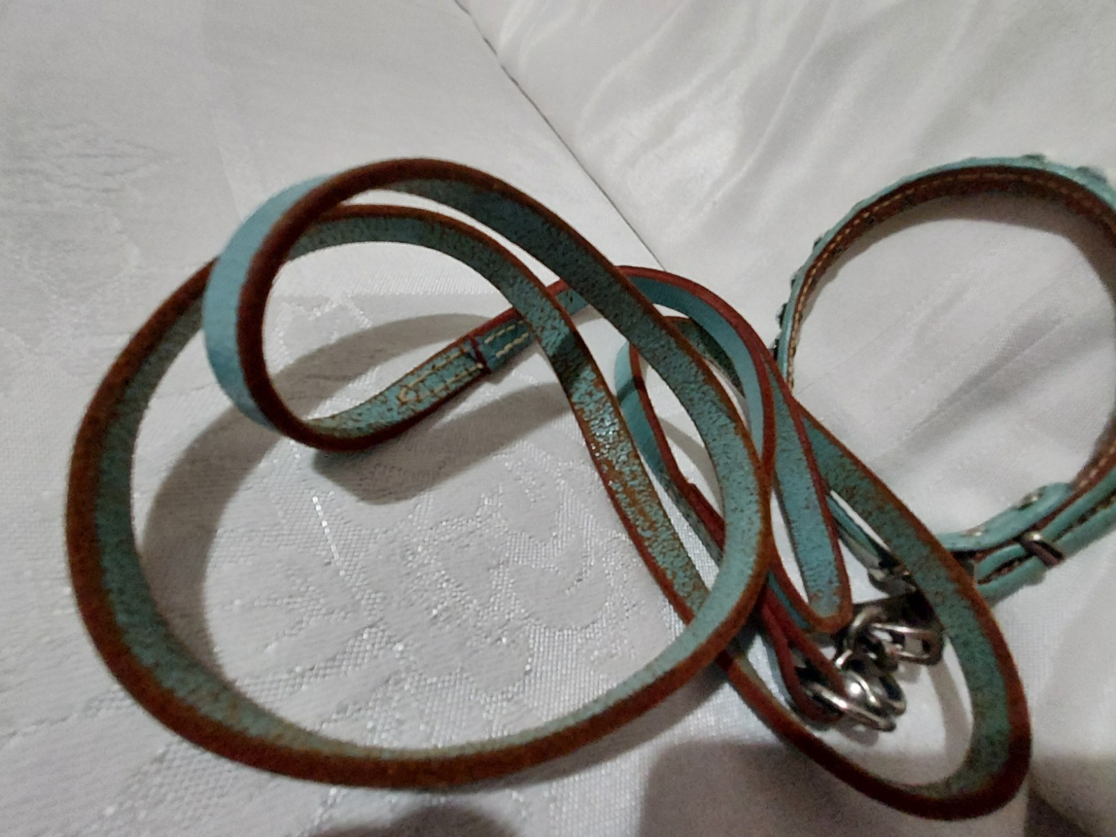 Rare Vtg Rhinestone Jeweled Turquoise Leather Pet Collar & Leash Set 11.5"-13.5"