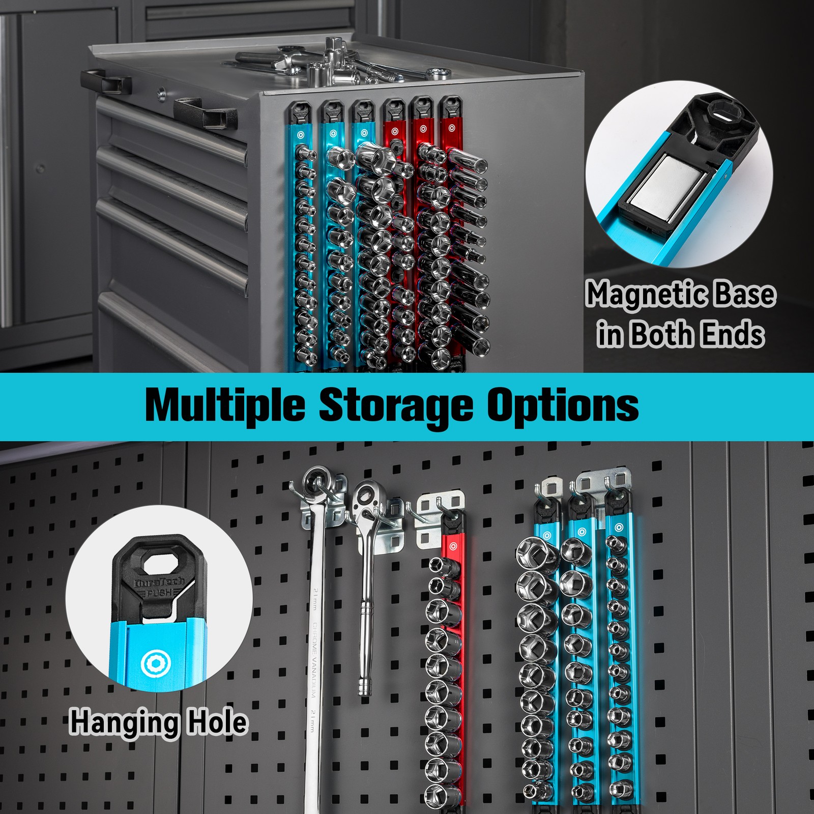 DURATECH 9PCS Magnetic 1/4”, 3/8”, 1/2” Aluminum Alloy Socket Rail with 96 Clips