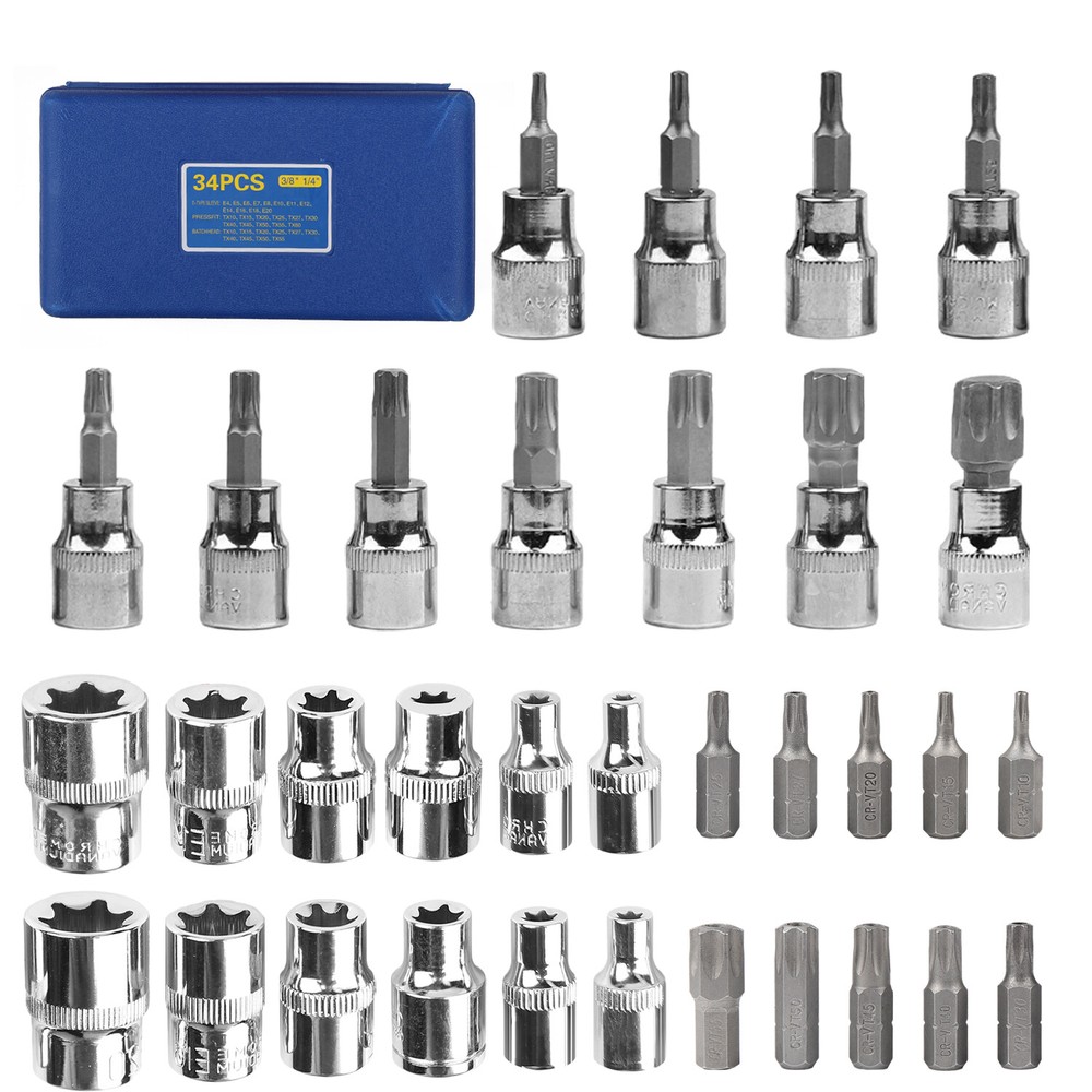34Pcs Drive Male Female Torx Star Bit Socket E-Socket Set Handheld Tool For Car