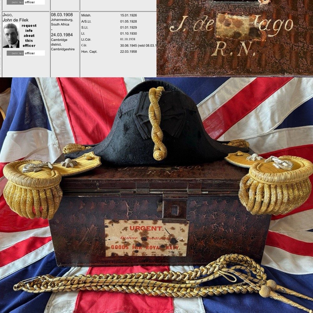 1920’s Royal Navy Officers Gold Braided Bicorne Hat & Dress -Lt J. De. F Jago RN