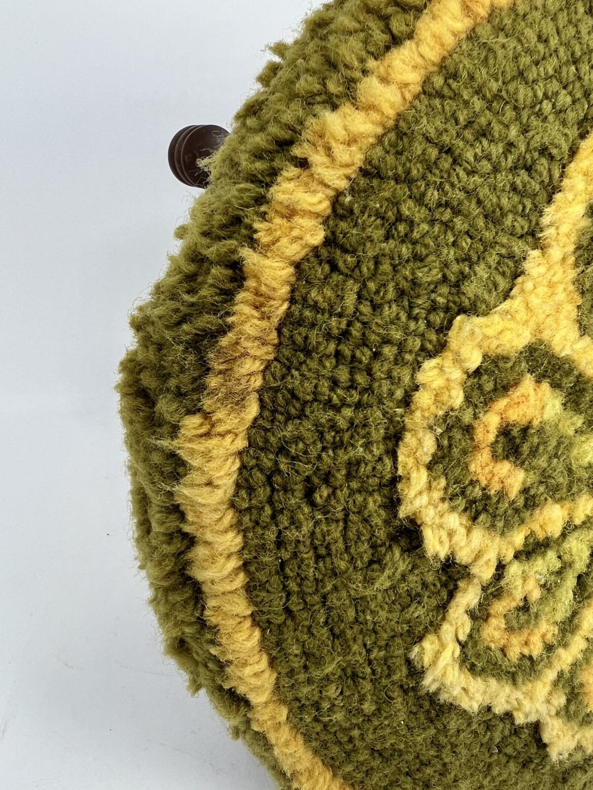 Vtg Round Footstool Floral Hooked Rug Top Wooden Legs MCM 8.75 x 12” Avacado