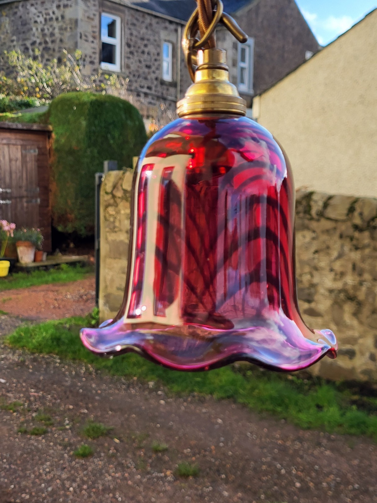 Set Of 4 Vintage Cranberry Swirl Glass Pendant Lamps, Ceiling Roses, Chains