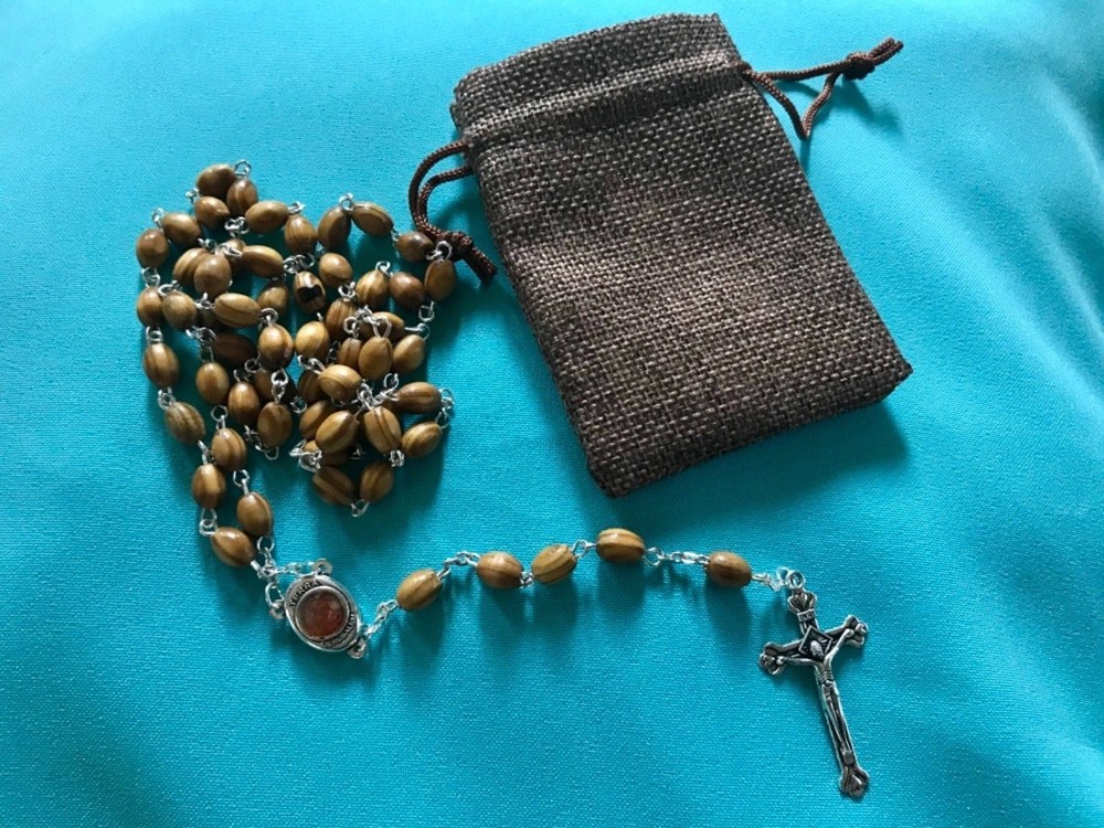 CATHOLIC ROSARY Olive Wood Necklace+pouch Handmade in JERUSALEM ~ FAST US SELLER