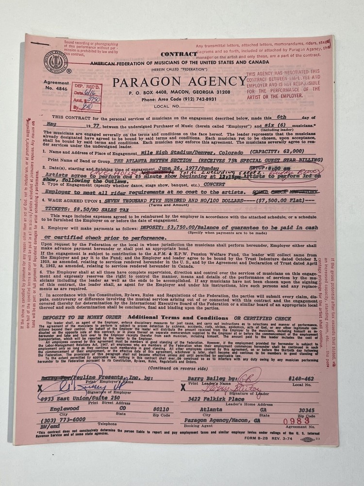 The Atlanta Rhythm Section Concert Contract 1977 Denver CO