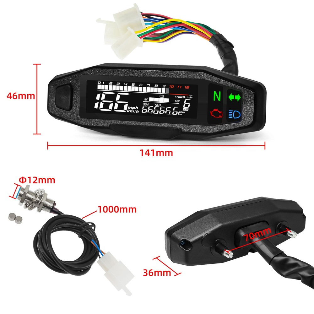 Motorcycle Gauge LCD/Digital Speedometer Odometer Tachometer With Sensor Bracket