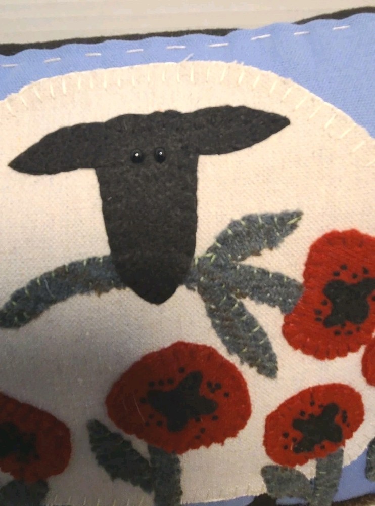 Picking Poppies Sheep Applique' Pattern Throw Pillow