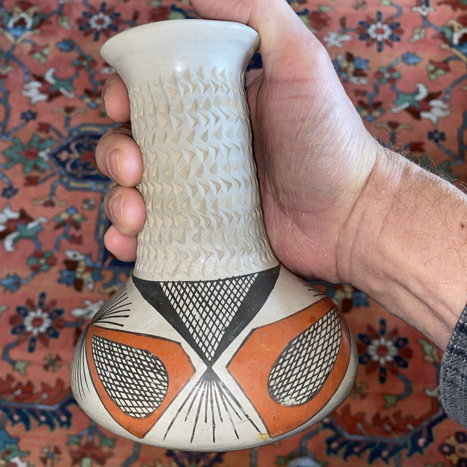 Hand Crafted Pottery Vase, Native American Hopi Mata Ortiz , 7" Tall, Signed