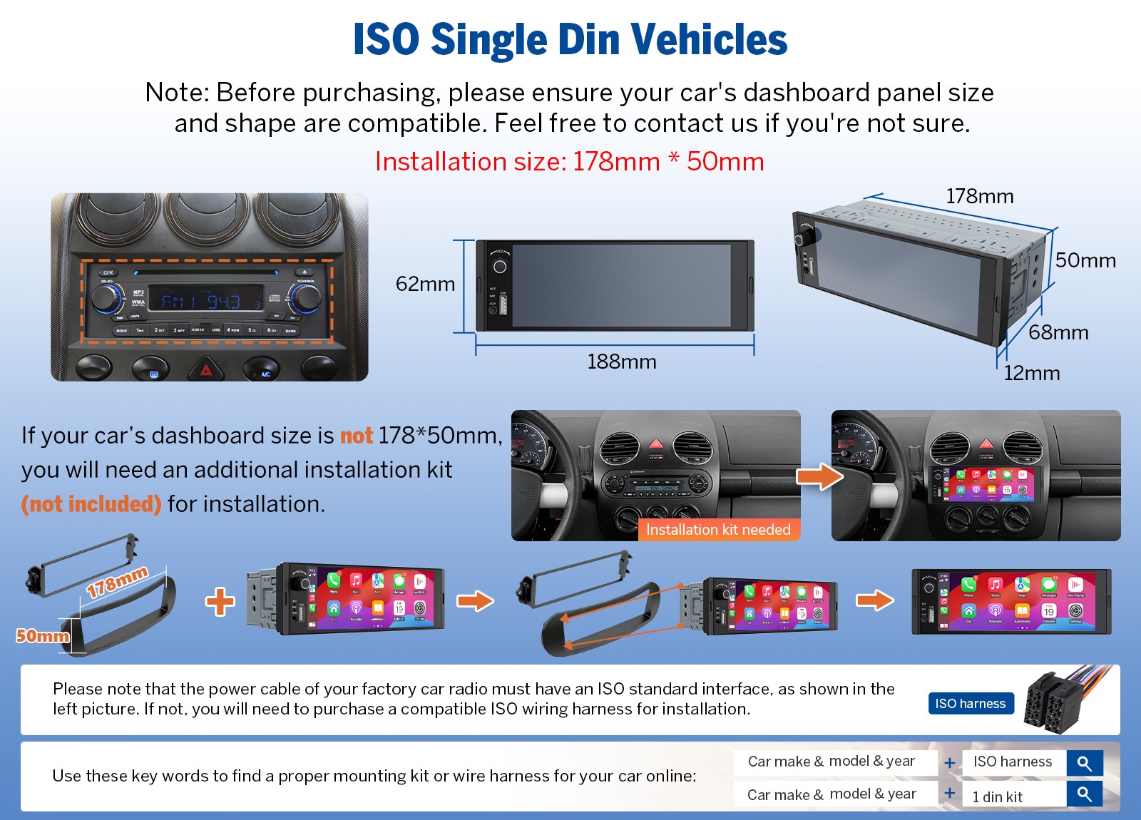 Wireless CarPlay Android Auto 6.36" 1DIN Receiver w/ Bluetooth 5.3 RDS AM/FM USB