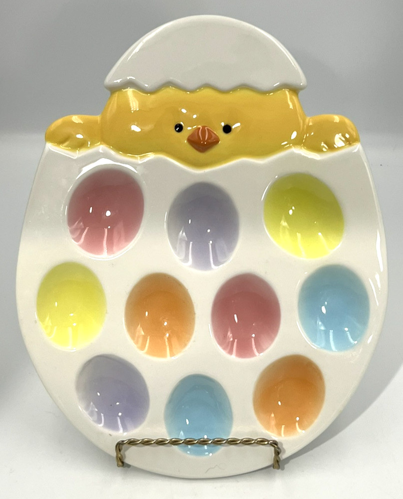 Vintage Ceramic Multicolor 10-Hole Easter Deviled Egg Platter 10" x 8"