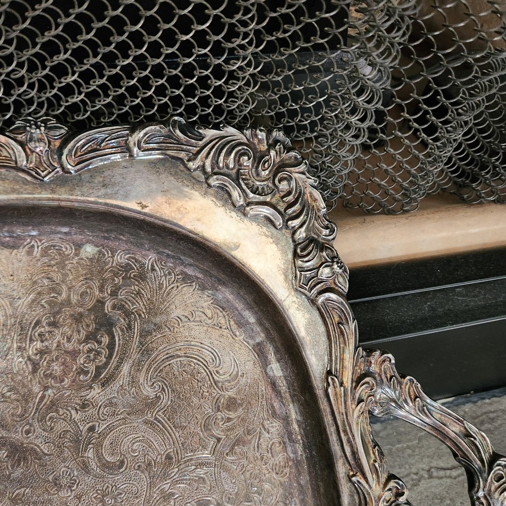 Antique SILVER PLATE 23" LONG RECTANGULAR FOOTED TRAY WITH HANDLES Heavy