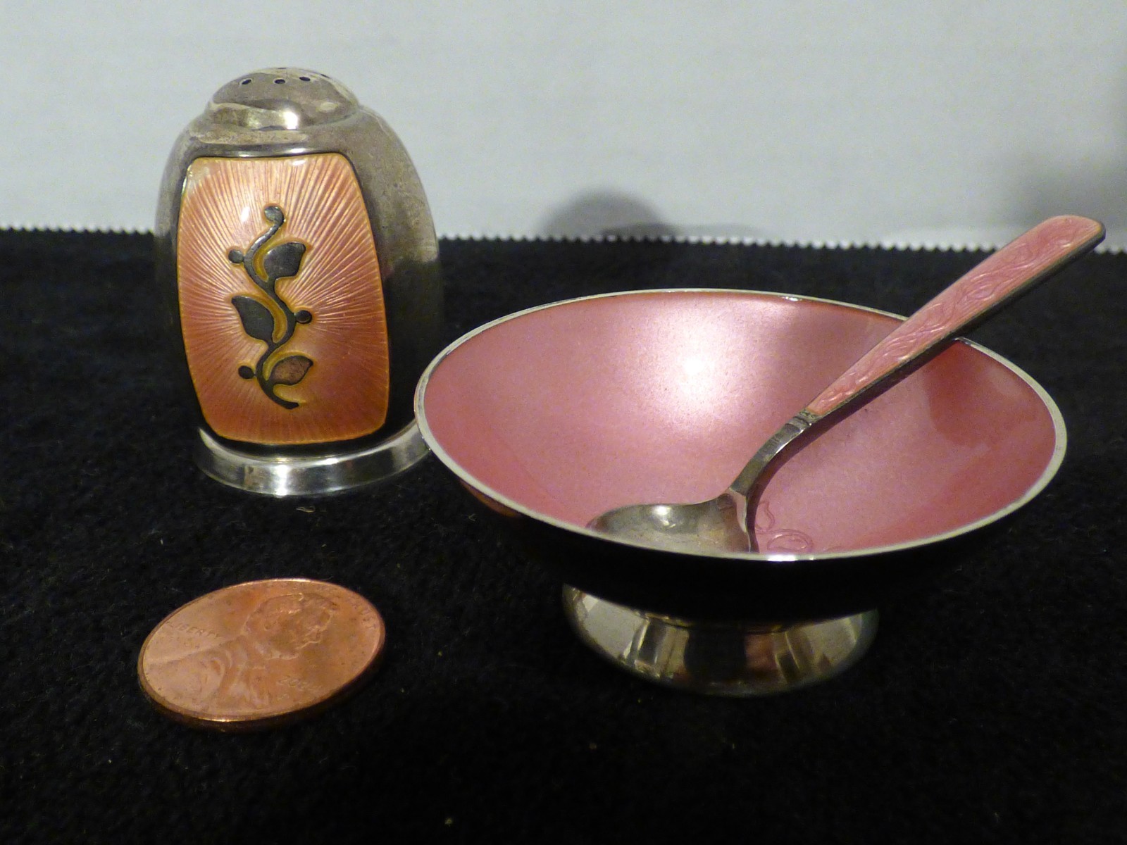 Antique Denmark Salt Cellar & Spoon & Pepper Shaker Sterling V.B. VB Pink Enamel