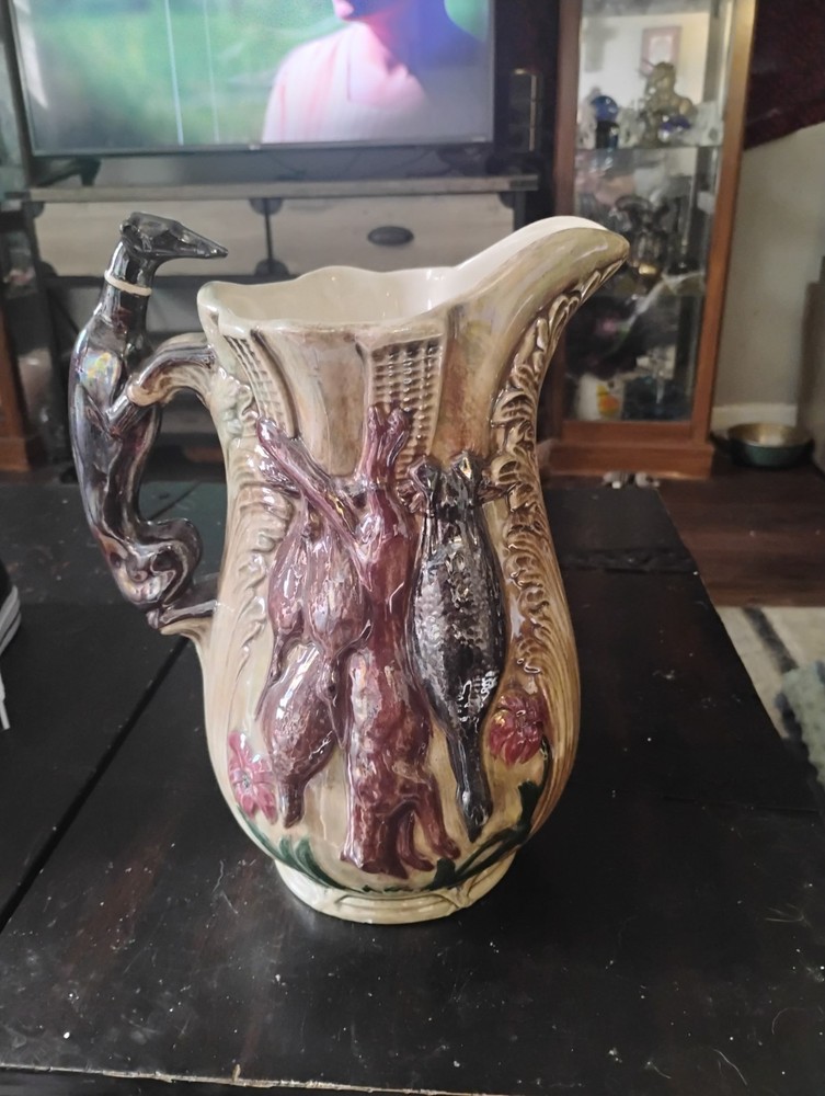 Vintage Hunting Ceramic Pitcher With Greyhound Handle Tiny Chip On Base
