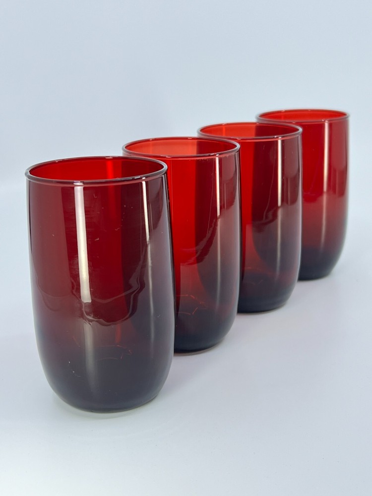 4 Vintage Anchor Hocking Ruby Red Drinking Glasses 1950 Roly Poly glasses 4"